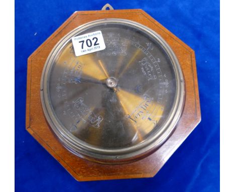 brass faced round mahogany wall barometer mounted on octagonal mahogany inlaid plaque