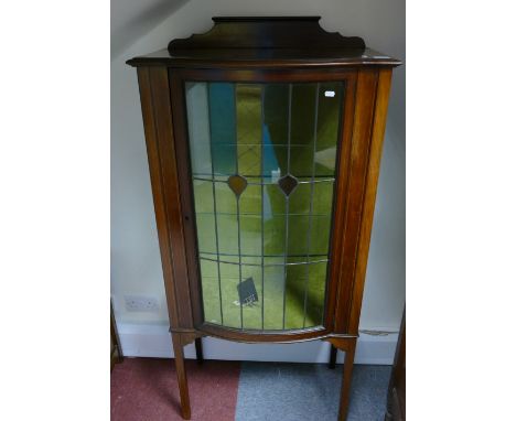 Edwardian inlaid display cabinet with single leaded stain glass door and glazed sides (key to be collected from the office)