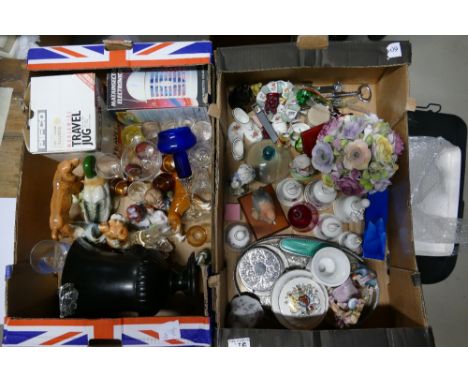 A mixed collection of items to include decorative figures, glassware, ceramic flower vase etc (2 trays)