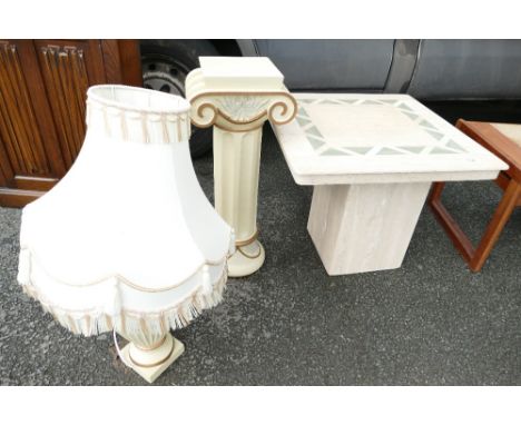 Formed stone table and similar column and lamp (3)