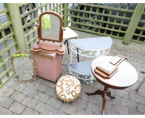 Mixed collection of items including Edwardian bathroom mirror, occasional table, mid century shelving, oak barometer etc(7)