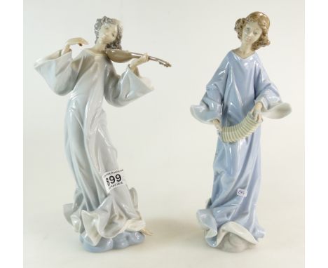 Lladro china figure modelled as a young girl in long dress seated playing stringed instrument (bow missing) an similar playin