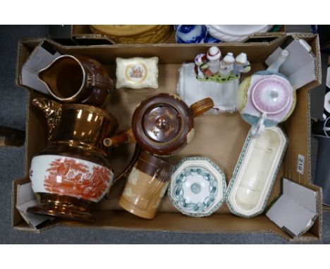A mixed collection of ceramic items to include Royal Doulton stoneware, Sunderland lustre jug and Yardley soap dish etc
