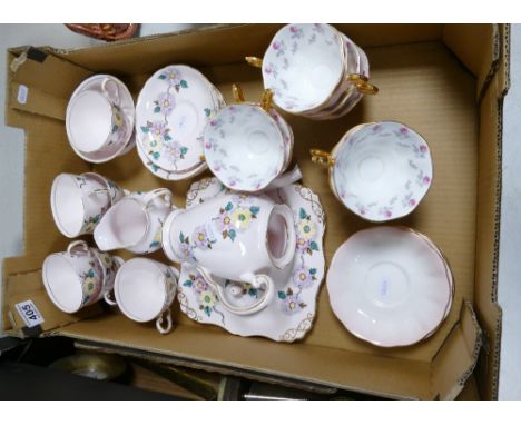 A collection of pink floral Royal Albert and Tuscan teaware to include cups, saucers, side plates, teapot etc