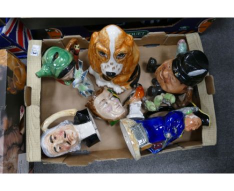 A mixed collection of ceramic items to include Beswick character teapot, Price Kensington dog, musical Toby Jugs, bird figure