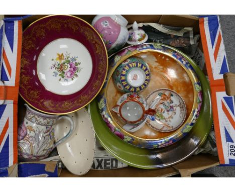 A mixed collection of ceramic items to include Coalport three legged bowl, Charlotte Rhead jug and dish, Art pottery chargers