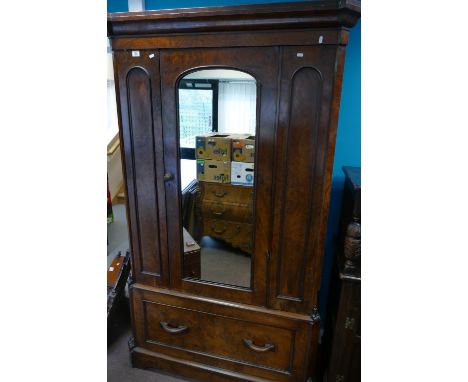 Victorian burr walnut single mirror door wardrobe, width 114cm