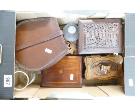 Interesting job lot including carved wooden extending bookends, Edwardian inlaid glove / jewellery box, and 2 finely carved w