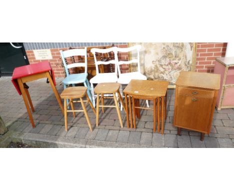 A selection of small furniture items to include an elm painted turquoise chair and two similar stools, mid century drop leaf 