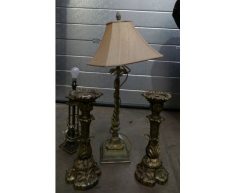 Pair of reproduction gilt French style candle holders with a similar lamp (3)