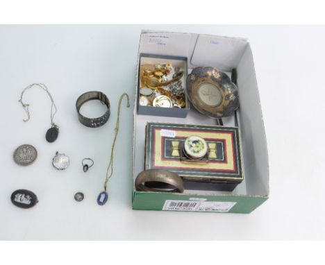 Job lot of silver and costume jewellery including - Victorian silver bangle, gold coloured chains, Wedgwood and silver pendan