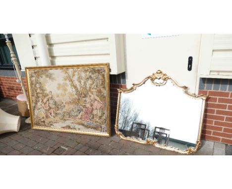 A large French style gilt framed over mantle mirror and gilt framed continental tapestry (2)