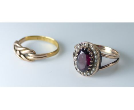 9ct rose gold garnet and seed pearl ring size N and 9ct keepers ring, 5.2 grams (2)