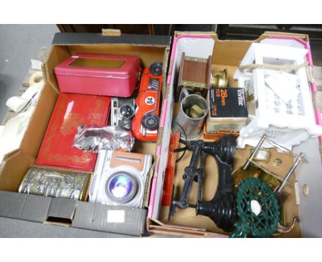 A mixed collection of ceramic items to include coffee grinders, shop scales and novelty tin boxes (2 trays)
