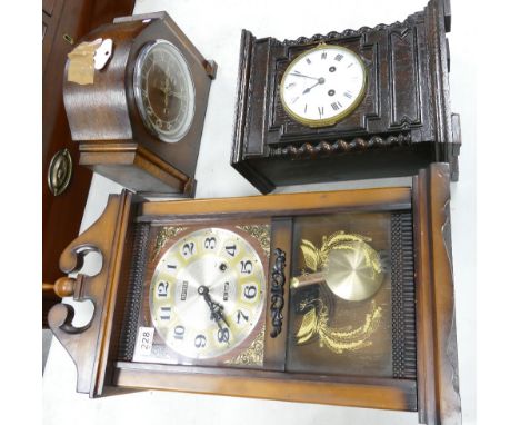 Clocks to include Pidduck oak cased mantle clock, Art Deco Enfield similar item and later Jupiter thirty one day wall clock (
