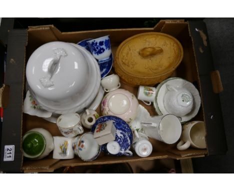 A mixed collection of ceramic items to include Wedgwood caneware game pie dish, Copeland teaware, Carlton and Shelley crested