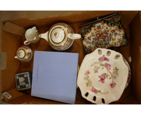 Job lot of china to include - Wedgwood CLIO teapot, sugar and cream, large Jasperware square trinket pot, four Aynsley plate 
