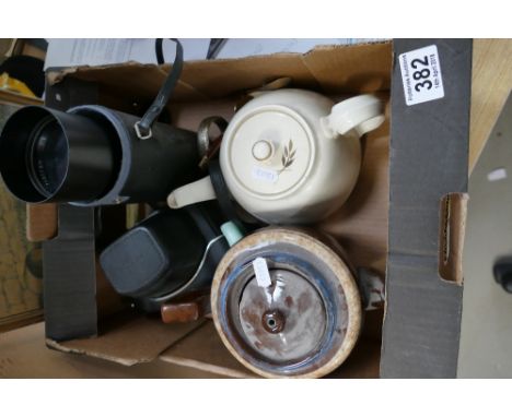 A mixed collection of items to include Prakitica SLR camera , Promura MC 300mm lens, silevr bangle and ceramic teapots