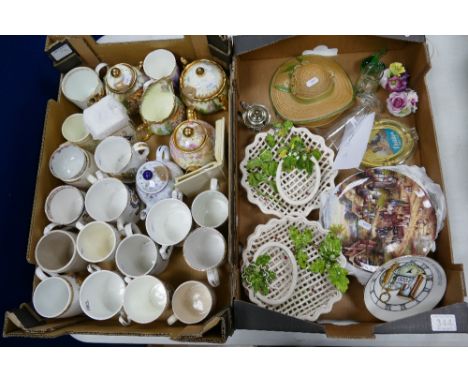 A mixed collection of ceramic items to include decorative floral patterned miniature teapots, commemorative mugs, lattice wor