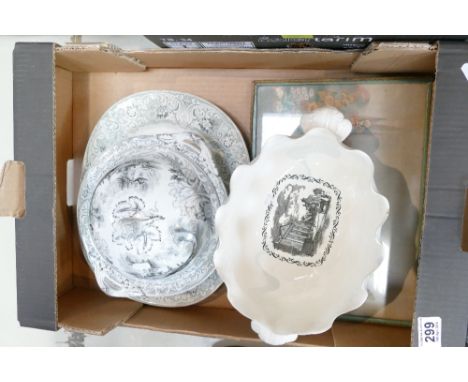 A mixed collection items to include - ornate tapestry landscape scene, Wedgwood Franklin Bowl and early Ironstone Geneva patt