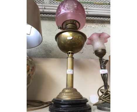 BRASS OIL LAMP WITH PINK GLASS SHADE E5 CONDITION REPORT -  shade; tiniest imperfection to rim see images (but i'm probably b