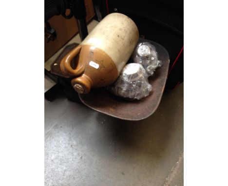 OLD SCALES AND A STONEWARE BOTTLE