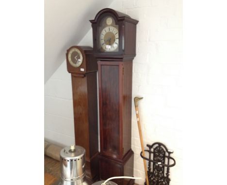 WESTMINSTER CHIME MAHOGANY GRANDDAUGHTER CLOCK WITH BRASS DIAL AND STEEL CHAPTER RING. H161CM