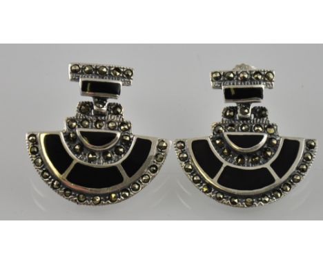 A pair of silver marcasite and onyx Art Deco style earrings
