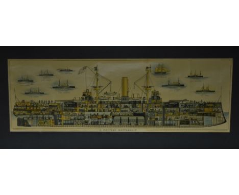 'A British Battleship': a vintage colour lithograph print with a cross-sectional view of HMS Royal Sovereign, from The Boy's 