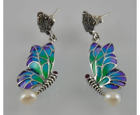 A pair of silver pearl and enamel Art Nouveau style earrings in the form of butterflies