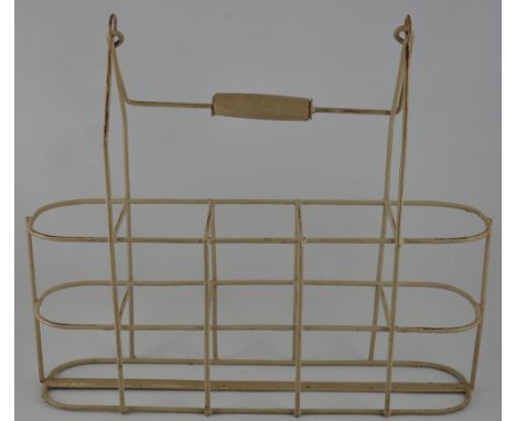 A vintage five section painted wire cage bottle holder with hinged handle, W. 50cm