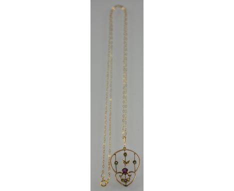 An Art Nouveau style 9ct seed pearl and amethyst pendant and chain 