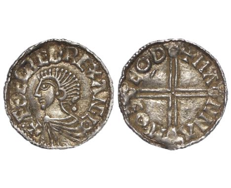 Aethelred II silver penny, Long Cross Issue, obverse legend:-+AEDELRAED REX ANGLO [Both 'AE's and 'NG' ligulate], reverse leg