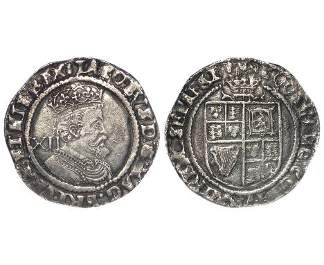 James I silver shilling, Third Coinage 1619-1625, mm. Thistle 1621-1623, plume over shield, large Sixth Bust, very curly, lon