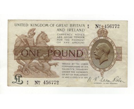 Warren Fisher 1 Pound T24 (1919), first series K/2 456772, a few pinholes, Fine+