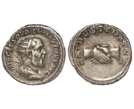 Pupienus 22 April to 29 July 238 A.D., Silver antoninianus, Rome Mint, reverse:- Clasped right hands, Sear 8521, with an old 