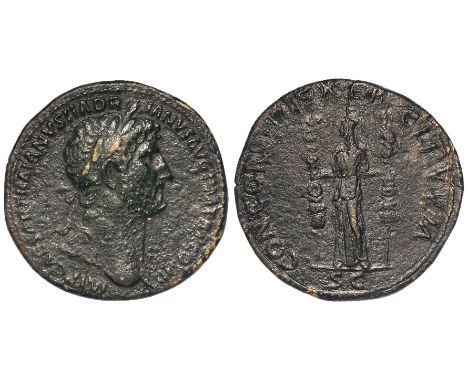 Hadrian brass sestertius, Rome Mint 123 A.D., obverse:- Laureate bust right, legend:- IMP CAESAR TRAIANVS HADRIANVS AVG P M T