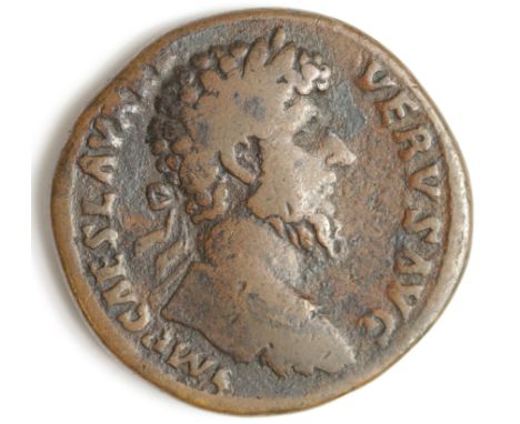 Lucius Verus with Marcus Aurelius, brass sestertius, Rome Mint 161 A.D., Sear 5367, obverse:- Laureate bust right, legend:- I