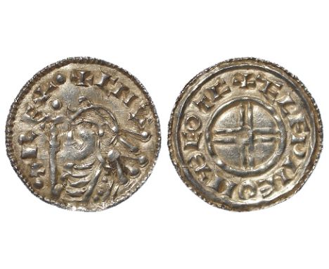 Cnut silver penny, Short Cross Issue, Spink 1159, obverse reads:- +CNV.T REX., reverse reads:- +AELFPINE ON DEOTF ['AE' and '