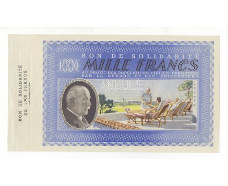 France 1000 Francs WW2 Vichy issue 'Bon de Solidarite' scarce large denomination, perforated 'annule', pair of staple holes a