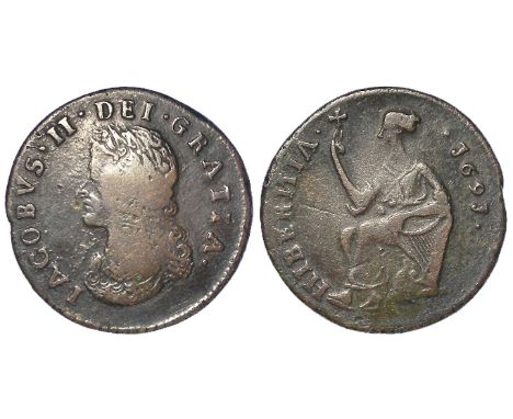 Ireland, James II Limerick Besieged 1691 halfpenny, Spink 6594, with reversed 'N' in HIBERNIA, with an old Seaby ticket, 'Nov