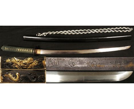 Japanese Katana Sword with black scabbard, plain Tsuba, decorated Fuchi. (Blade 66.5cm)