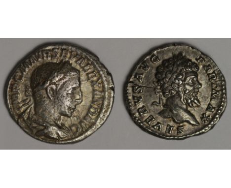Septimius Severus silver denarius, Rome Mint 200 A.D., reverse reads:- P M TR P VIII COS II P P, Victory hovering left, holdi