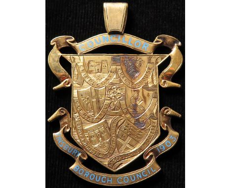British Councillor's Jewel, hallmarked silver-gilt 60mm, blue enamel lettering: 'COUNCILLOR, FINSBURY BOROUGH COUNCIL 1903' (