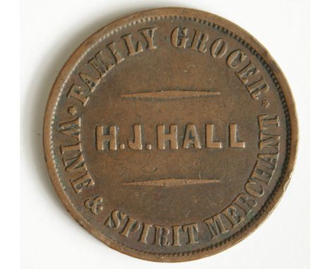 New Zealand Penny Token : H.J. Hall, Christchurch, Coffee Mills / H.J. Hall, Family Grocer, Wine &amp; Spirit Merchant, 19thC