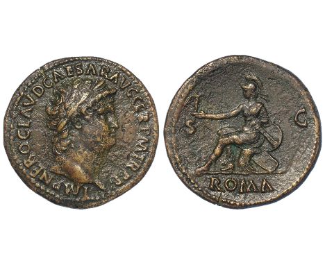 Nero brass sestertius Lugdunum Mint 66 A.D. Sear 1961var., obverse:- Laureate bust right, legend:- IMP NERO CLAVD CAESAR AVG 