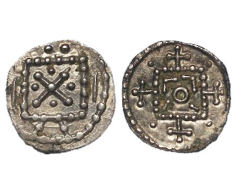 Anglo-Saxon silver sceat, Secondary Phase c.710-c.760, probably East Anglian, J.J.N. 55, Standard containing cross with pelle