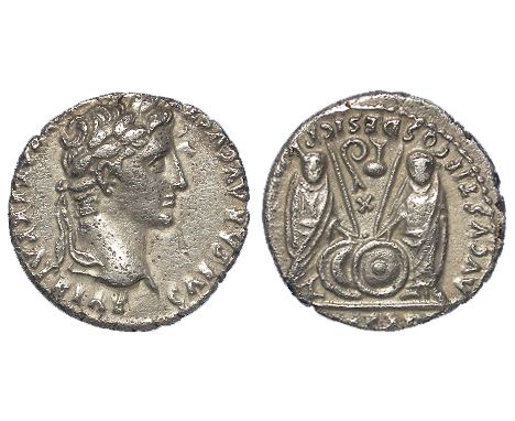 Augustus silver denarius, Lugdunum Mint 2 B.C.- 4 A.D., Gaius and Lucius Caesars standing facing,shields and spears between t
