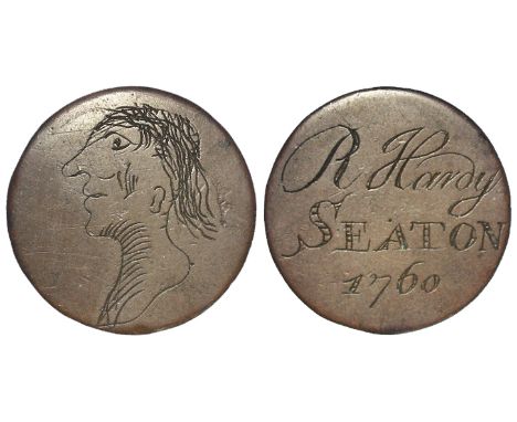Engraved Coin : George copper Halfpenny, smoothed and engraved both sides: Obv: Profile portrait of a man with a large nose a