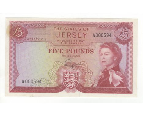 Jersey 5 Pounds P9a (1963), scarce first signature Padgham with low serial number A000594, 2 pinholes and a small light stain